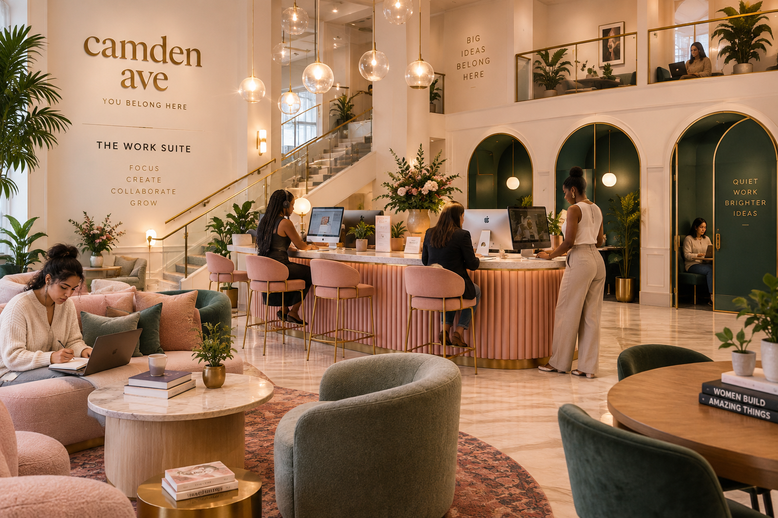 The Camden Ave. Work Suite with high-top workstations, lounge seating, and private arched stations