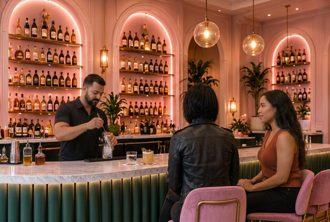 Two women seated together in conversation at the Camden Ave. bar